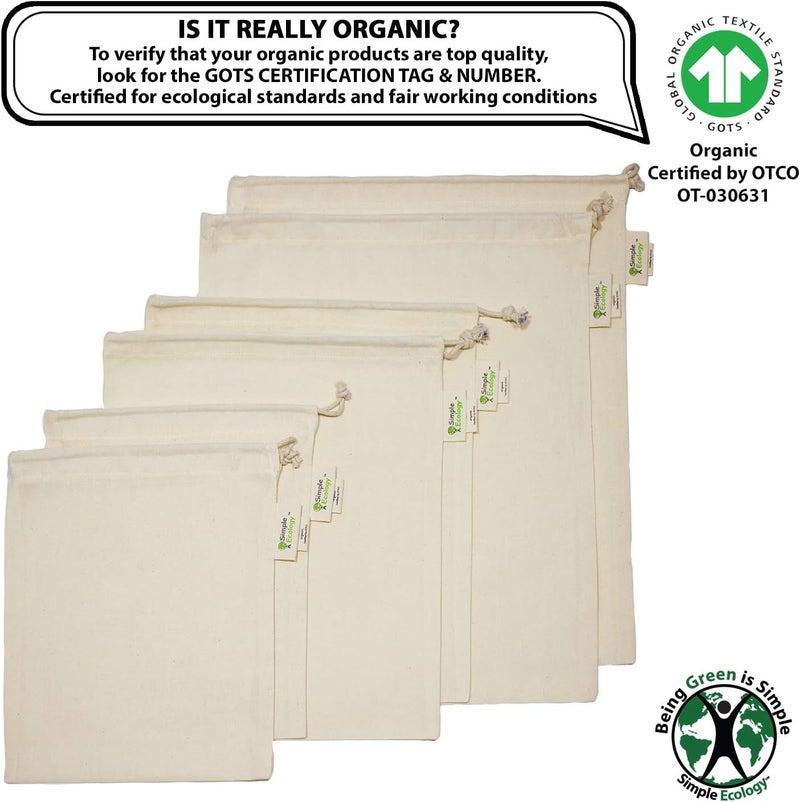 Simple Ecology Reusable Grocery Produce Shopping and Storage Bags, Organic Cotton Muslin, Set of 6 (2 ea. of L, M, S) - Image 3